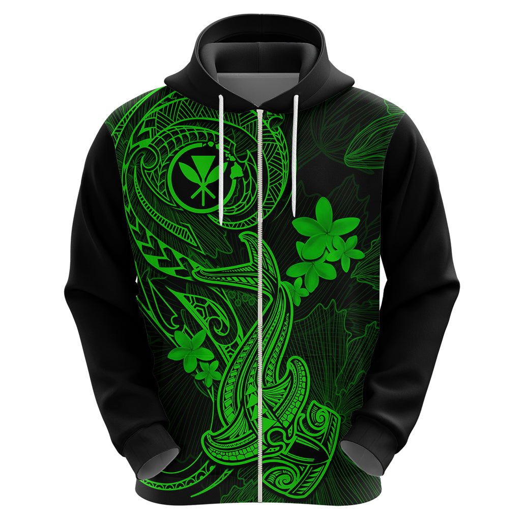 Hawaii Hoodie Hammerhead Shark Tattoo Mix Polynesian Plumeria Green Version - Wonder Print Shop