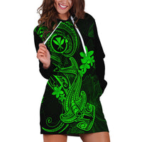 Hawaii Hoodie Dress Hammerhead Shark Tattoo Mix Polynesian Plumeria Green Version - Wonder Print Shop