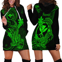 Hawaii Hoodie Dress Hammerhead Shark Tattoo Mix Polynesian Plumeria Green Version - Wonder Print Shop