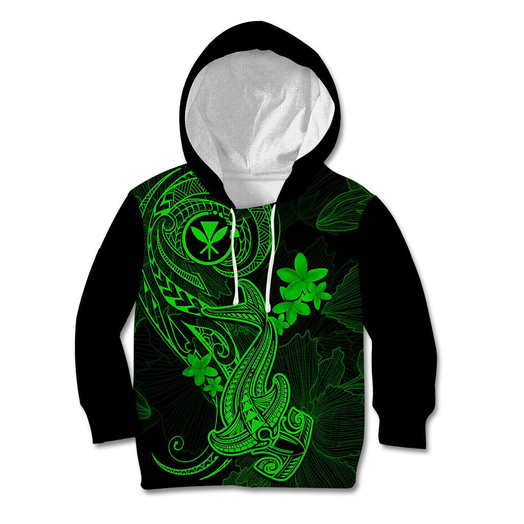 Hawaii Kid Hoodie Hammerhead Shark Tattoo Mix Polynesian Plumeria Green Version - Wonder Print Shop
