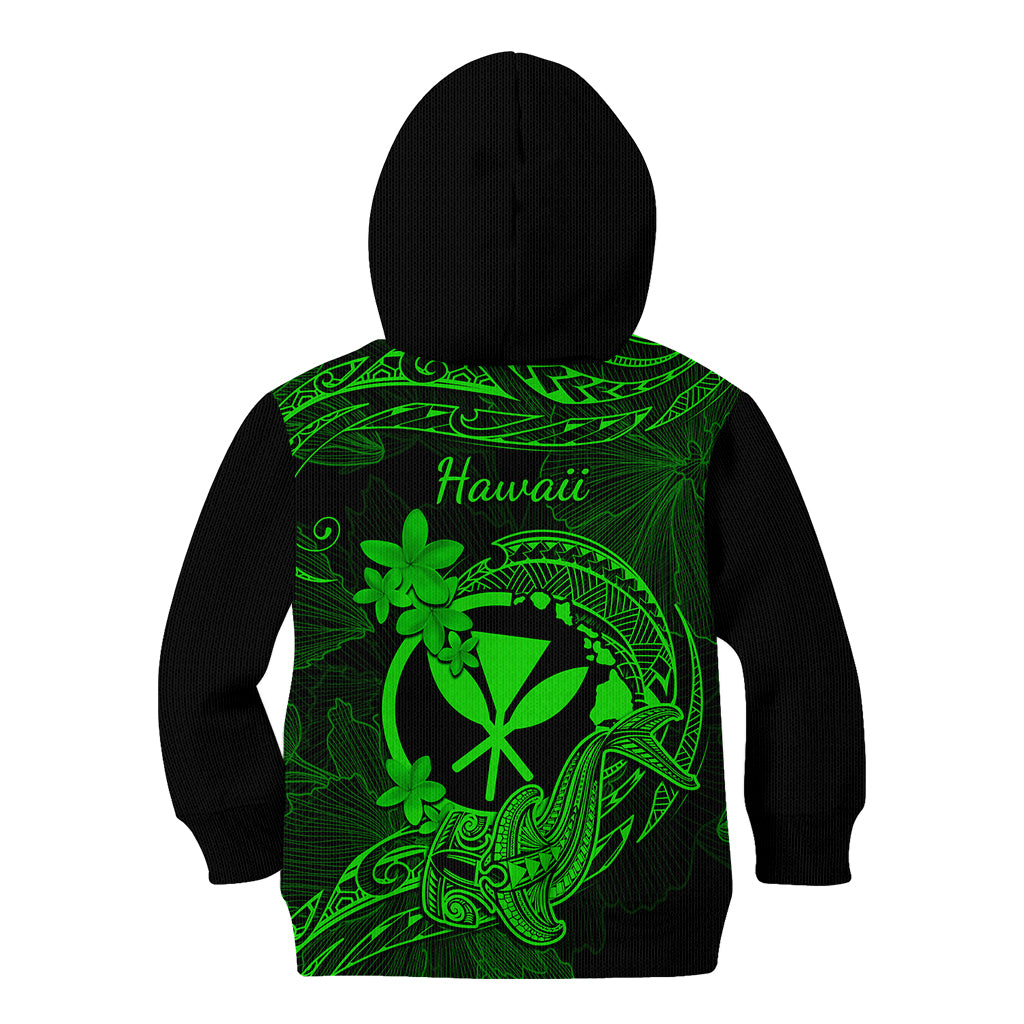 Hawaii Kid Hoodie Hammerhead Shark Tattoo Mix Polynesian Plumeria Green Version - Wonder Print Shop