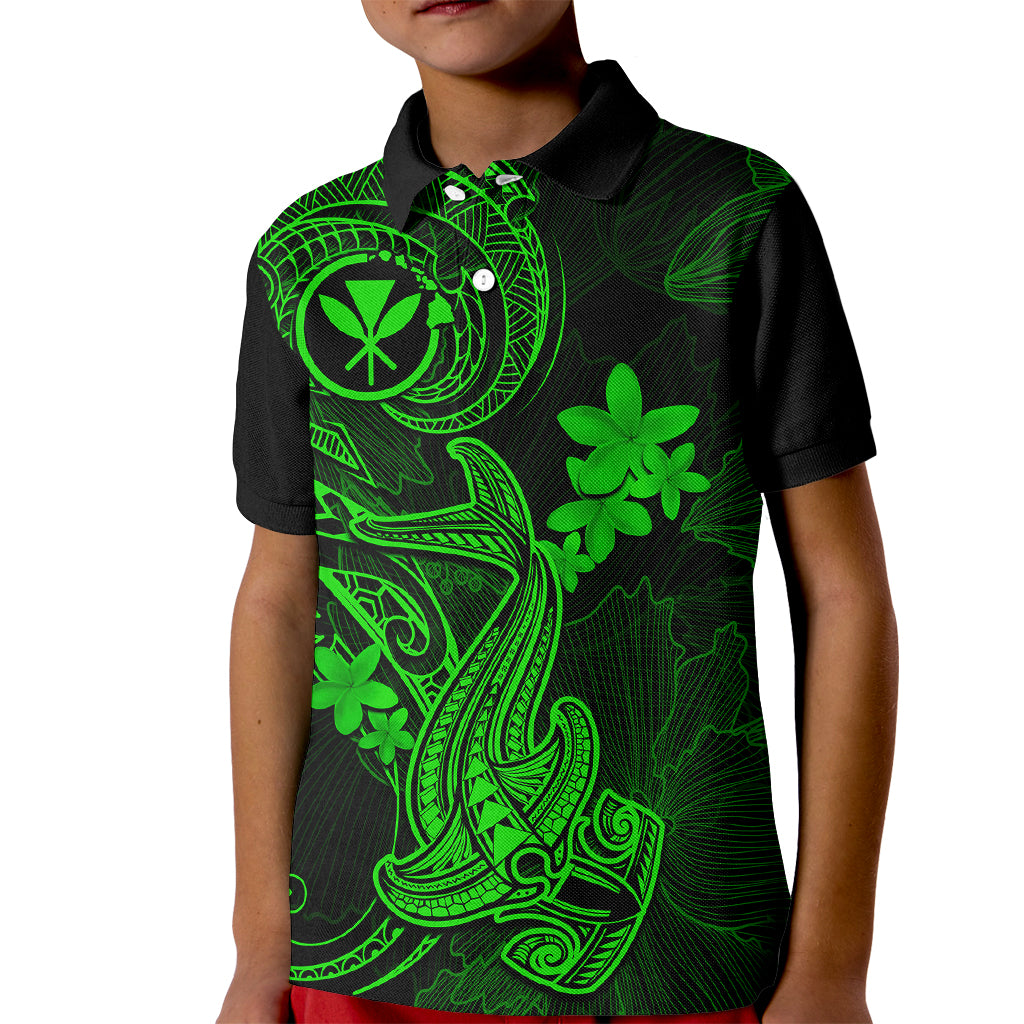 Hawaii Kid Polo Shirt Hammerhead Shark Tattoo Mix Polynesian Plumeria Green Version - Wonder Print Shop