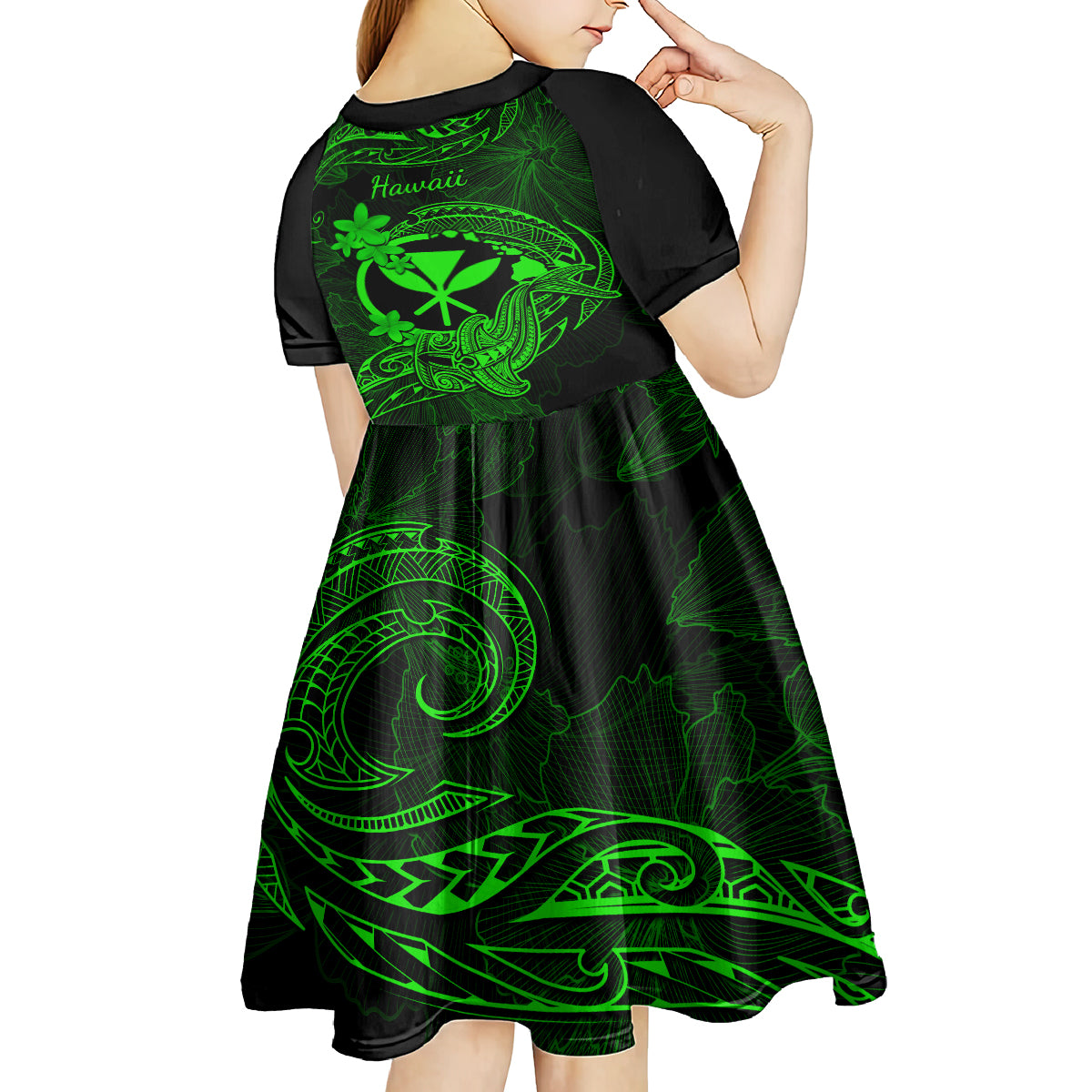 Hawaii Kid Short Sleeve Dress Hammerhead Shark Tattoo Mix Polynesian Plumeria Green Version - Wonder Print Shop