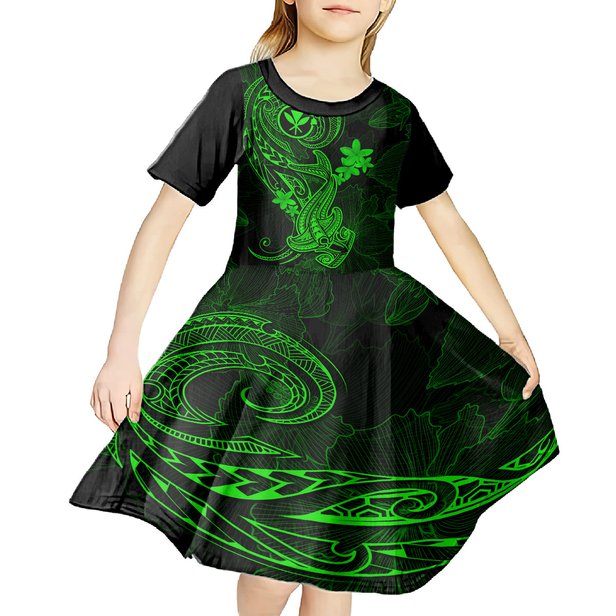 Hawaii Kid Short Sleeve Dress Hammerhead Shark Tattoo Mix Polynesian Plumeria Green Version - Wonder Print Shop