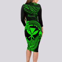 Hawaii Long Sleeve Bodycon Dress Hammerhead Shark Tattoo Mix Polynesian Plumeria Green Version - Wonder Print Shop