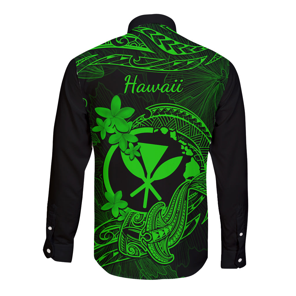 Hawaii Long Sleeve Button Shirt Hammerhead Shark Tattoo Mix Polynesian Plumeria Green Version - Wonder Print Shop