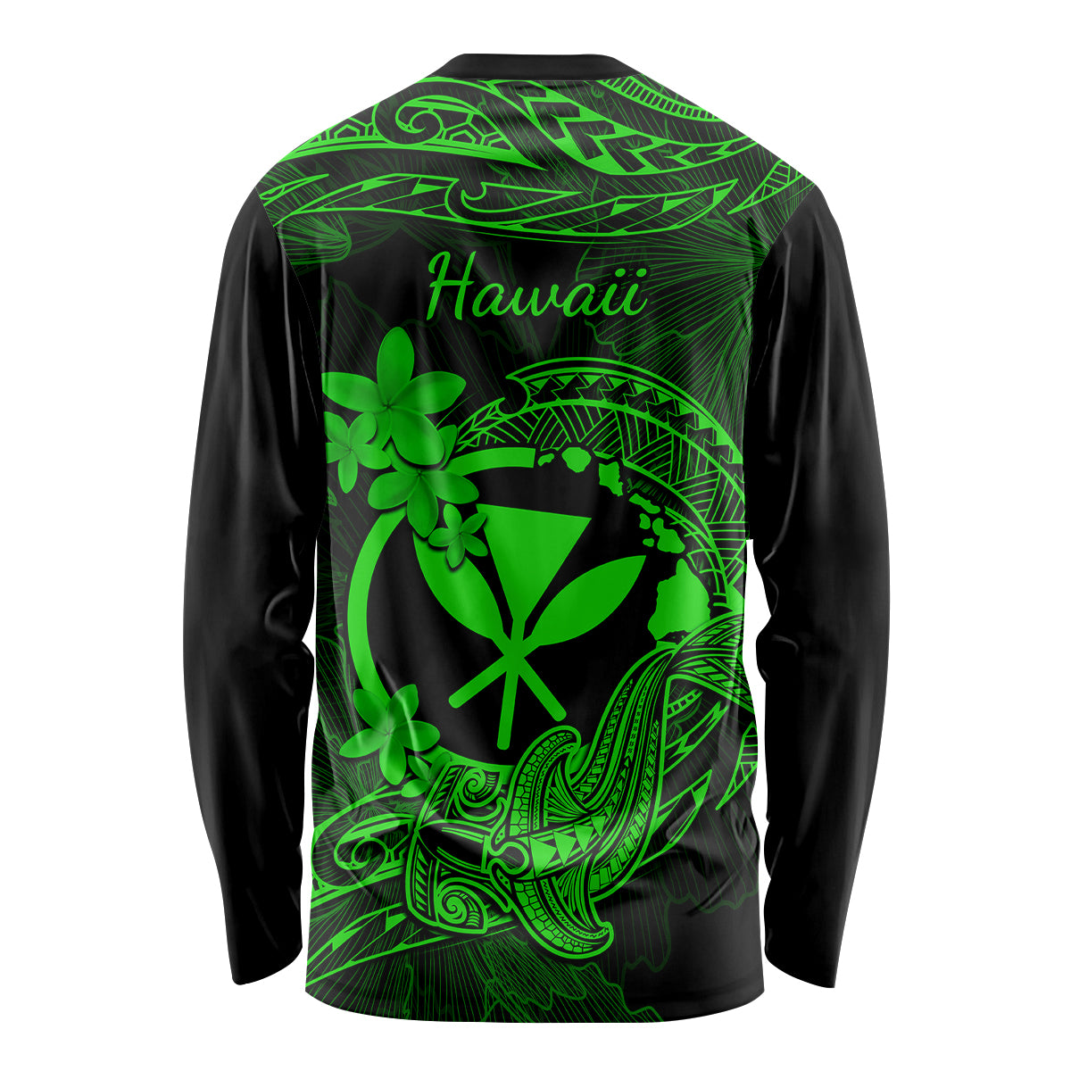 Hawaii Long Sleeve Shirt Hammerhead Shark Tattoo Mix Polynesian Plumeria Green Version - Wonder Print Shop