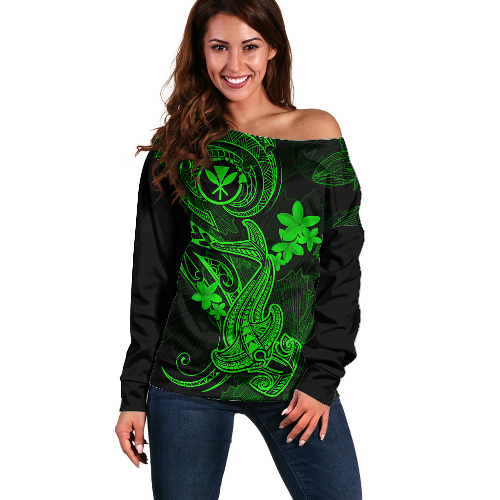 Hawaii Off Shoulder Sweater Hammerhead Shark Tattoo Mix Polynesian Plumeria Green Version - Wonder Print Shop