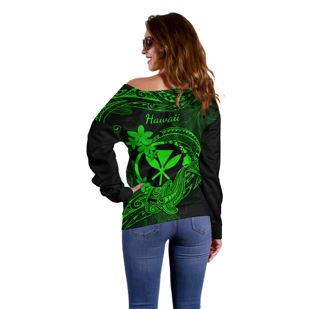 Hawaii Off Shoulder Sweater Hammerhead Shark Tattoo Mix Polynesian Plumeria Green Version - Wonder Print Shop
