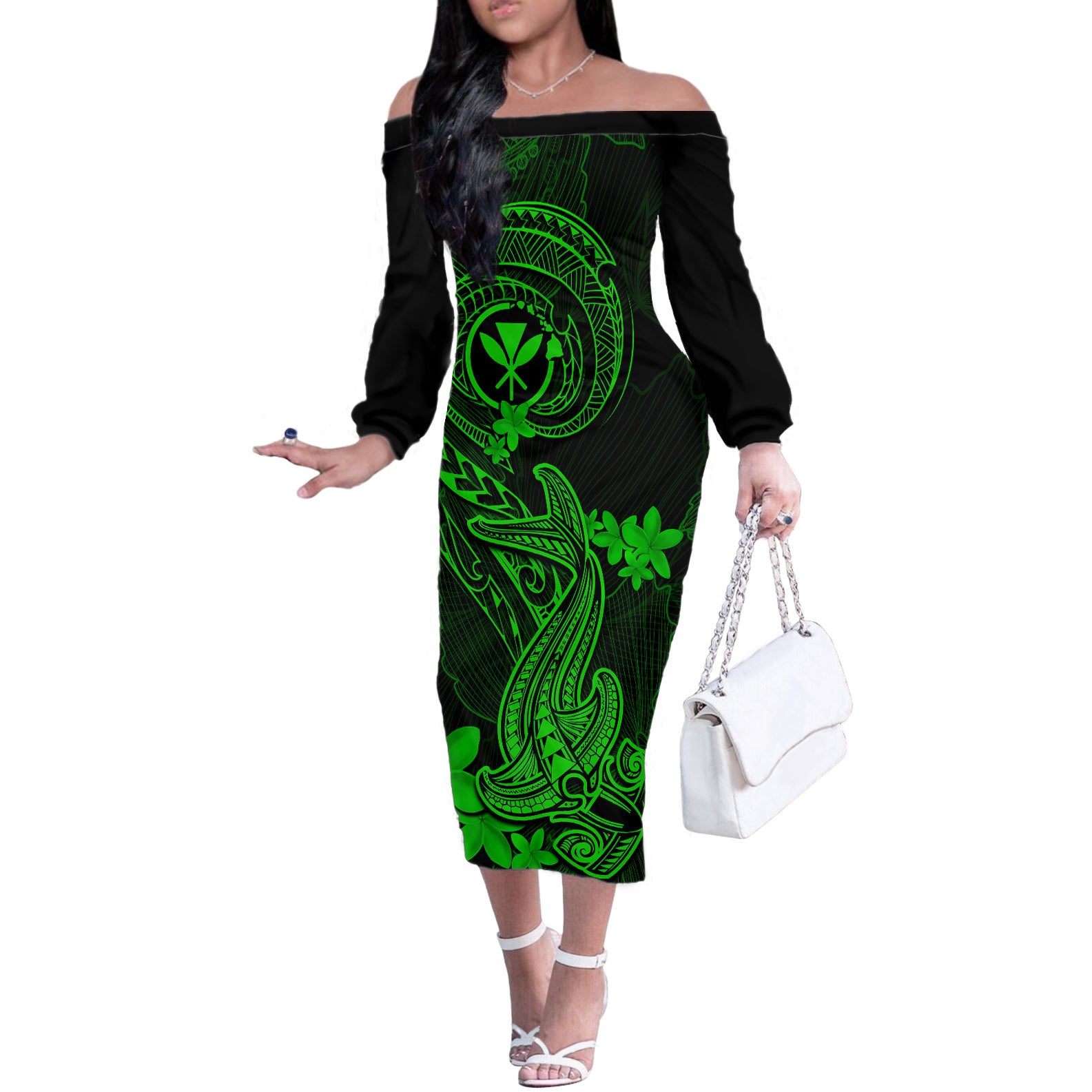Hawaii Off The Shoulder Long Sleeve Dress Hammerhead Shark Tattoo Mix Polynesian Plumeria Green Version - Wonder Print Shop