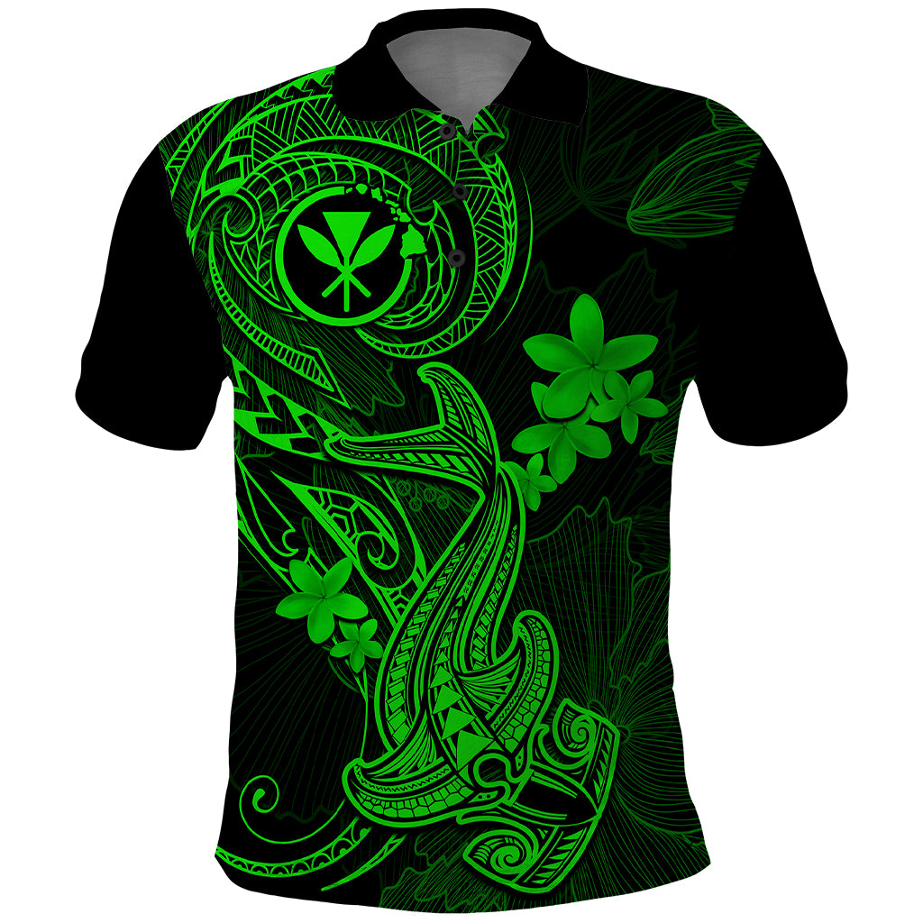 Hawaii Polo Shirt Hammerhead Shark Tattoo Mix Polynesian Plumeria Green Version - Wonder Print Shop