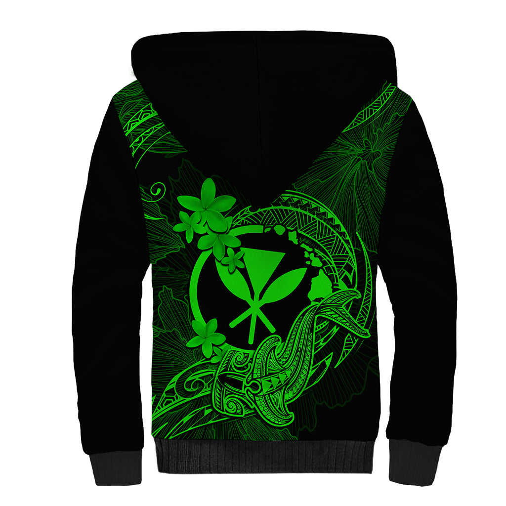 Hawaii Sherpa Hoodie Hammerhead Shark Tattoo Mix Polynesian Plumeria Green Version - Wonder Print Shop