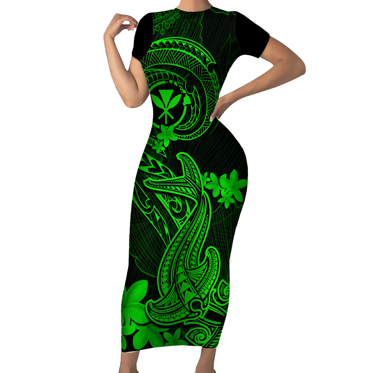 Hawaii Short Sleeve Bodycon Dress Hammerhead Shark Tattoo Mix Polynesian Plumeria Green Version - Wonder Print Shop
