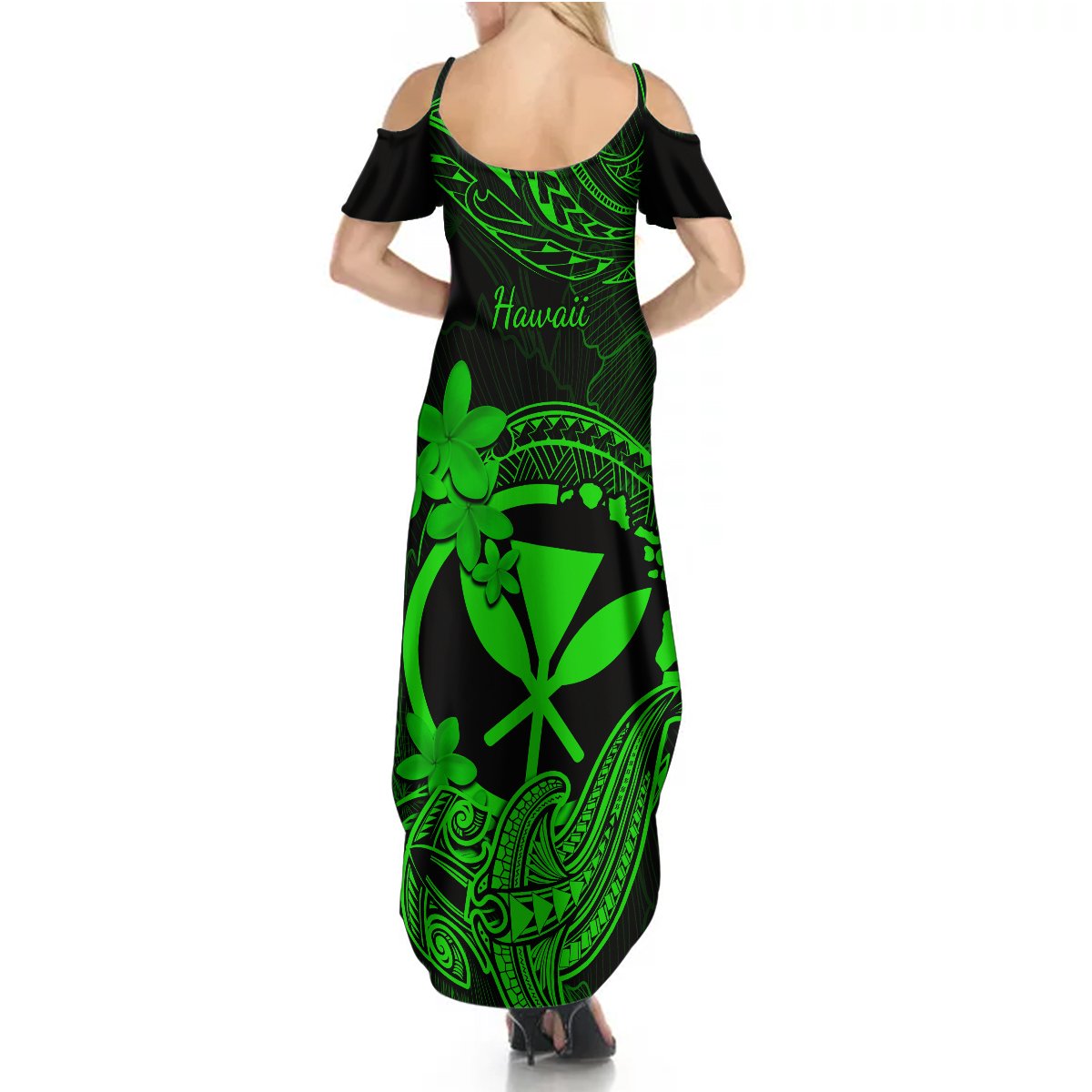 Hawaii Summer Maxi Dress Hammerhead Shark Tattoo Mix Polynesian Plumeria Green Version - Wonder Print Shop