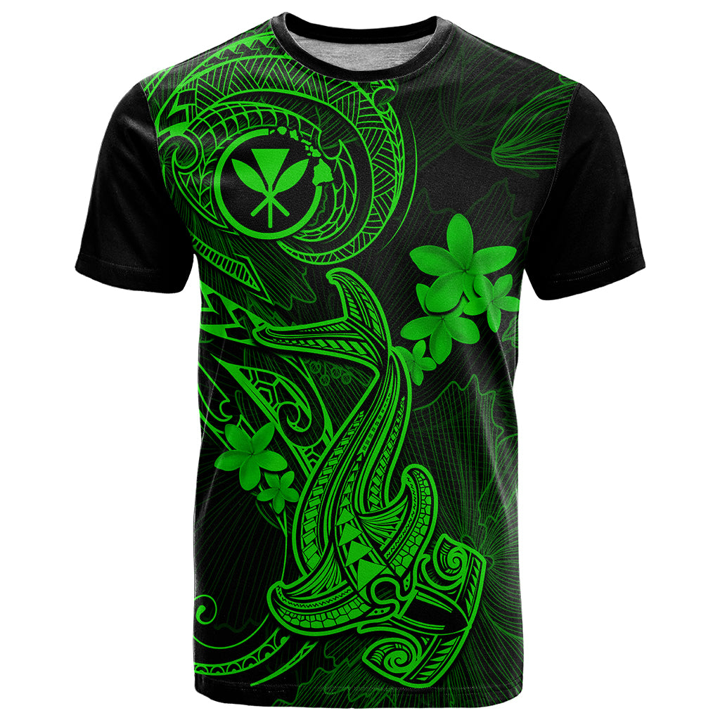 Hawaii T Shirt Hammerhead Shark Tattoo Mix Polynesian Plumeria Green Version - Wonder Print Shop