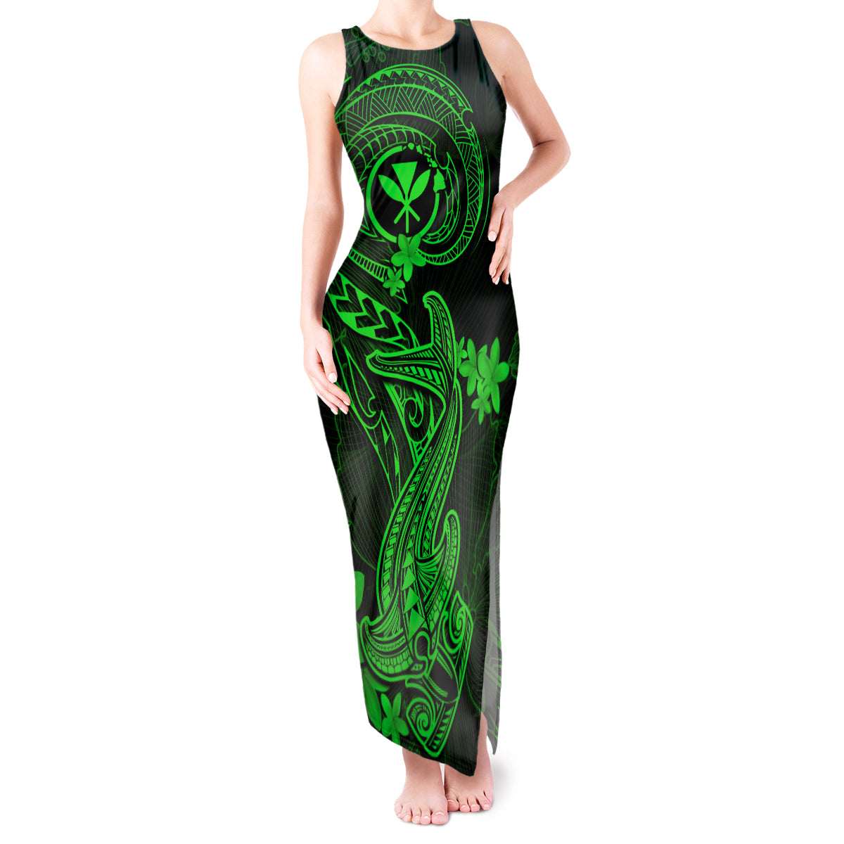Hawaii Tank Maxi Dress Hammerhead Shark Tattoo Mix Polynesian Plumeria Green Version - Wonder Print Shop
