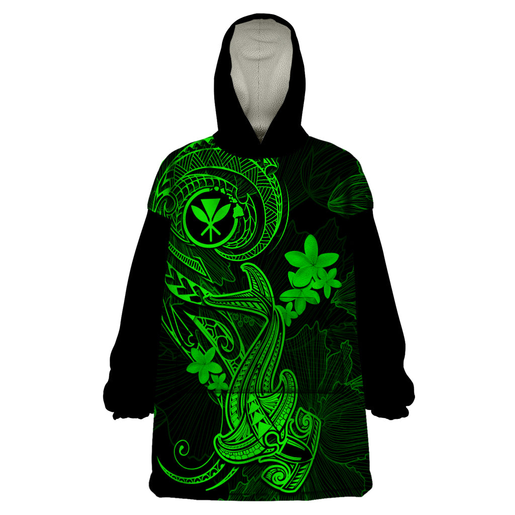 Hawaii Wearable Blanket Hoodie Hammerhead Shark Tattoo Mix Polynesian Plumeria Green Version - Wonder Print Shop