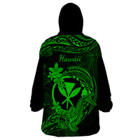 Hawaii Wearable Blanket Hoodie Hammerhead Shark Tattoo Mix Polynesian Plumeria Green Version - Wonder Print Shop