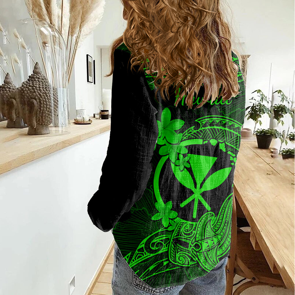 Hawaii Women Casual Shirt Hammerhead Shark Tattoo Mix Polynesian Plumeria Green Version - Wonder Print Shop