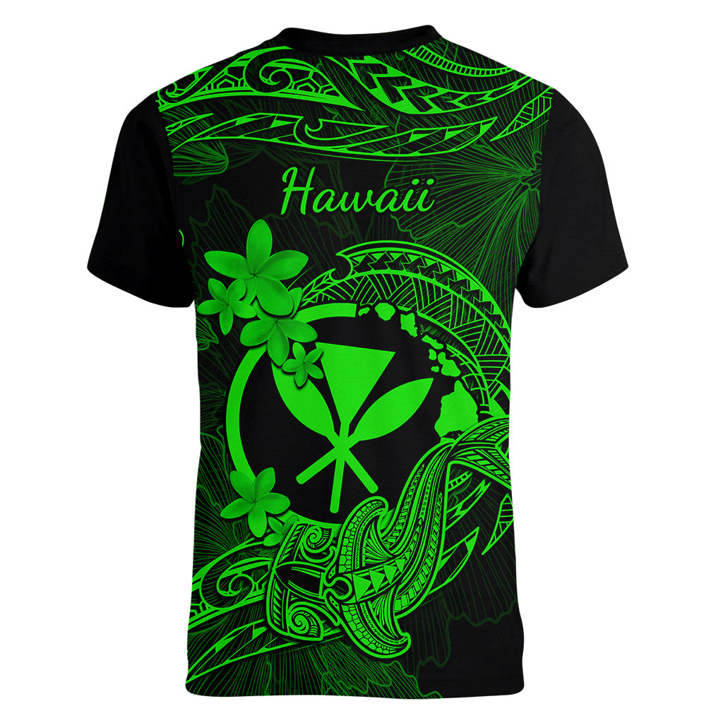 Hawaii Women V Neck T Shirt Hammerhead Shark Tattoo Mix Polynesian Plumeria Green Version - Wonder Print Shop