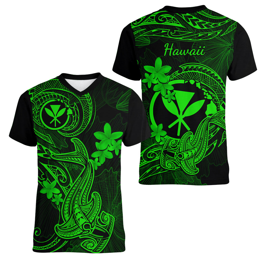 Hawaii Women V Neck T Shirt Hammerhead Shark Tattoo Mix Polynesian Plumeria Green Version - Wonder Print Shop