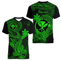 Hawaii Women V Neck T Shirt Hammerhead Shark Tattoo Mix Polynesian Plumeria Green Version - Wonder Print Shop