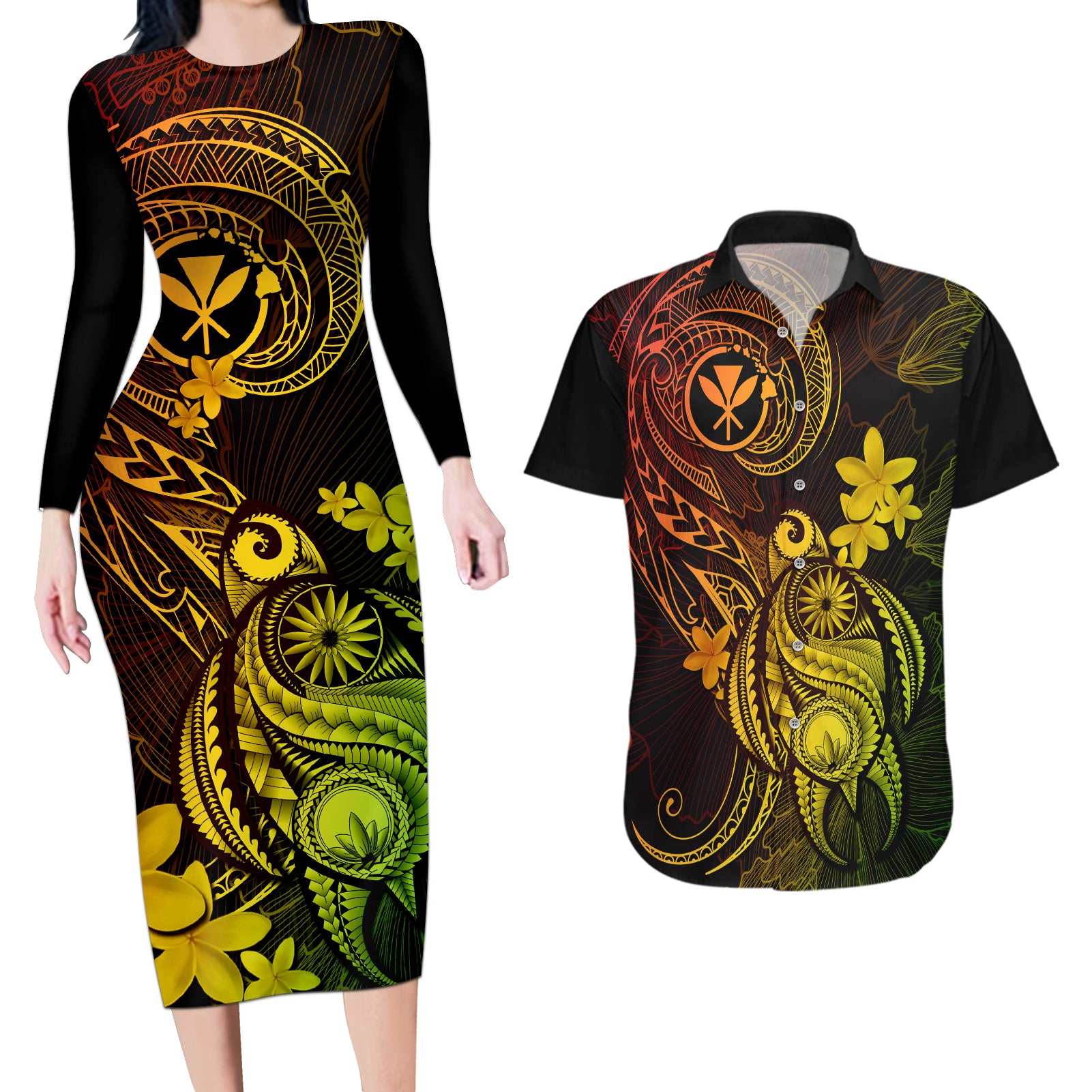 Hawaii Couples Matching Long Sleeve Bodycon Dress and Hawaiian Shirt Turtle Mix Polynesian Plumeria Reggae Version - Wonder Print Shop