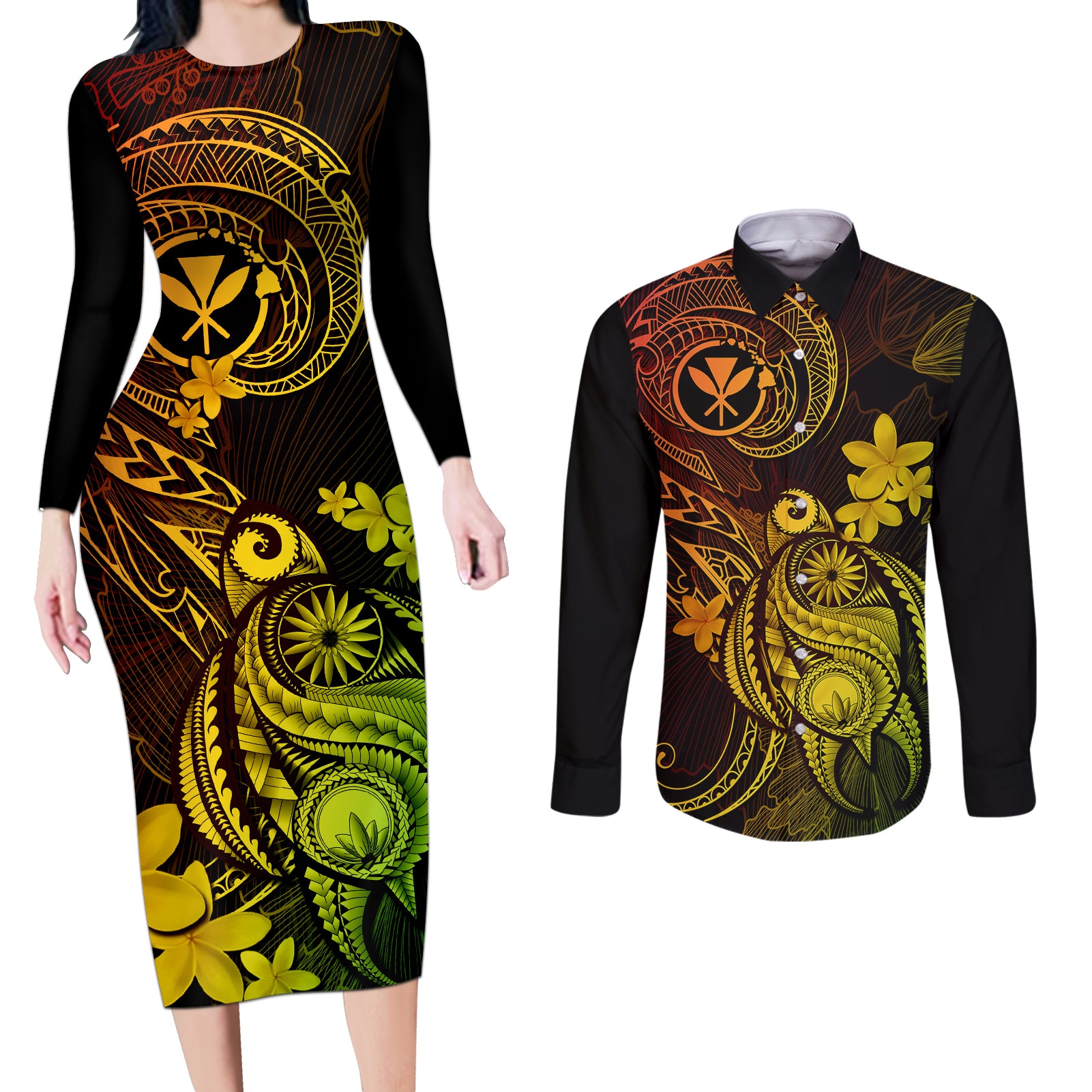 Hawaii Couples Matching Long Sleeve Bodycon Dress and Long Sleeve Button Shirts Turtle Mix Polynesian Plumeria Reggae Version - Wonder Print Shop
