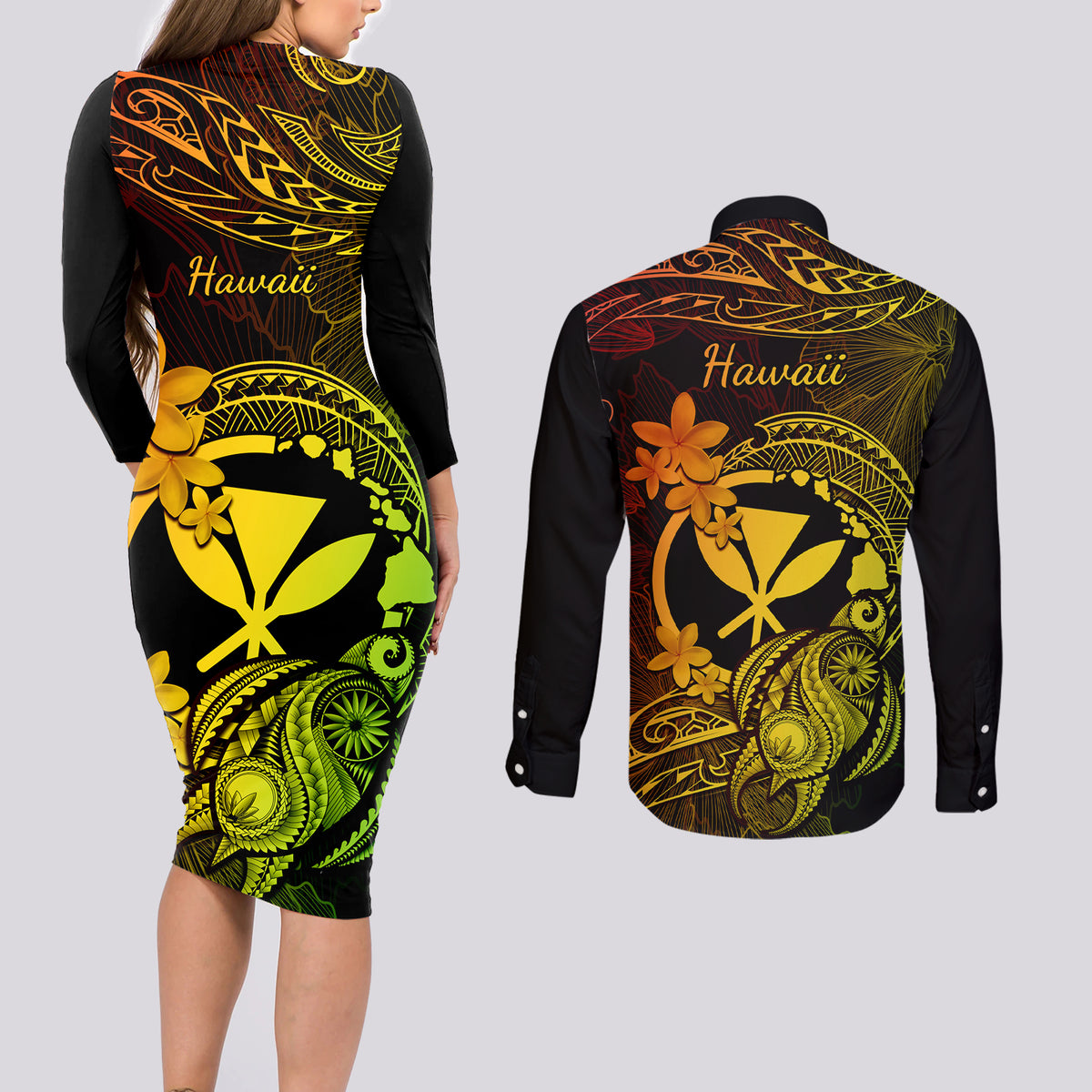 Hawaii Couples Matching Long Sleeve Bodycon Dress and Long Sleeve Button Shirts Turtle Mix Polynesian Plumeria Reggae Version - Wonder Print Shop