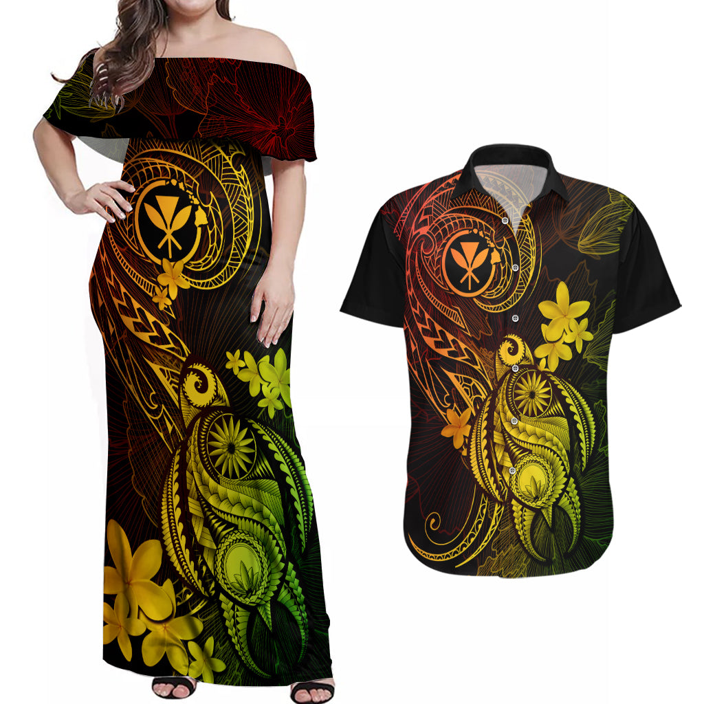 Hawaii Couples Matching Off Shoulder Maxi Dress and Hawaiian Shirt Turtle Mix Polynesian Plumeria Reggae Version - Wonder Print Shop