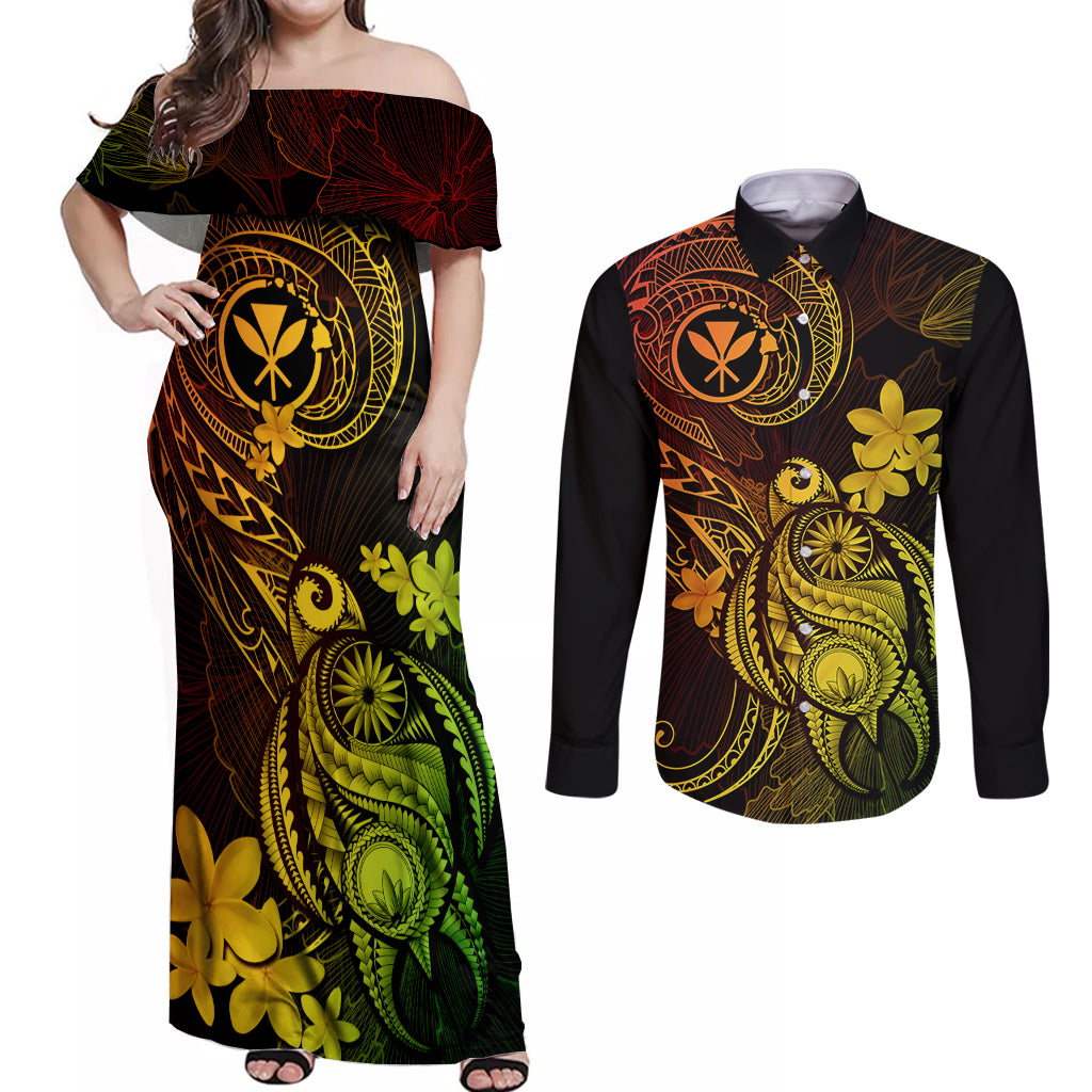 Hawaii Couples Matching Off Shoulder Maxi Dress and Long Sleeve Button Shirts Turtle Mix Polynesian Plumeria Reggae Version - Wonder Print Shop