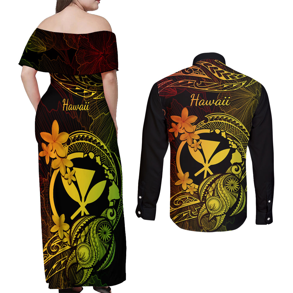 Hawaii Couples Matching Off Shoulder Maxi Dress and Long Sleeve Button Shirts Turtle Mix Polynesian Plumeria Reggae Version - Wonder Print Shop