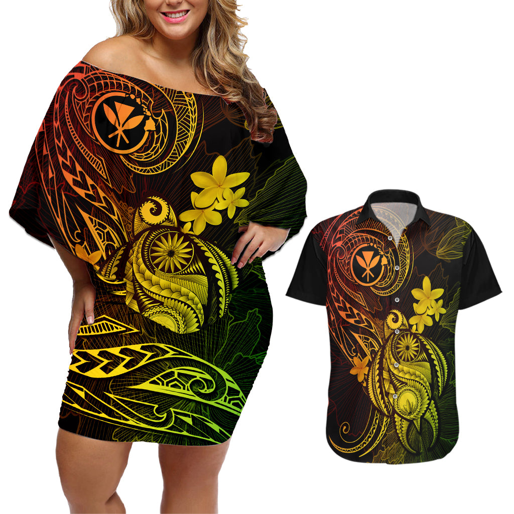Hawaii Couples Matching Off Shoulder Short Dress and Hawaiian Shirt Turtle Mix Polynesian Plumeria Reggae Version - Wonder Print Shop