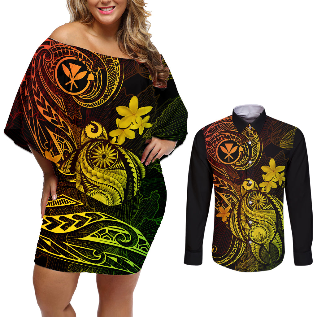 Hawaii Couples Matching Off Shoulder Short Dress and Long Sleeve Button Shirts Turtle Mix Polynesian Plumeria Reggae Version - Wonder Print Shop