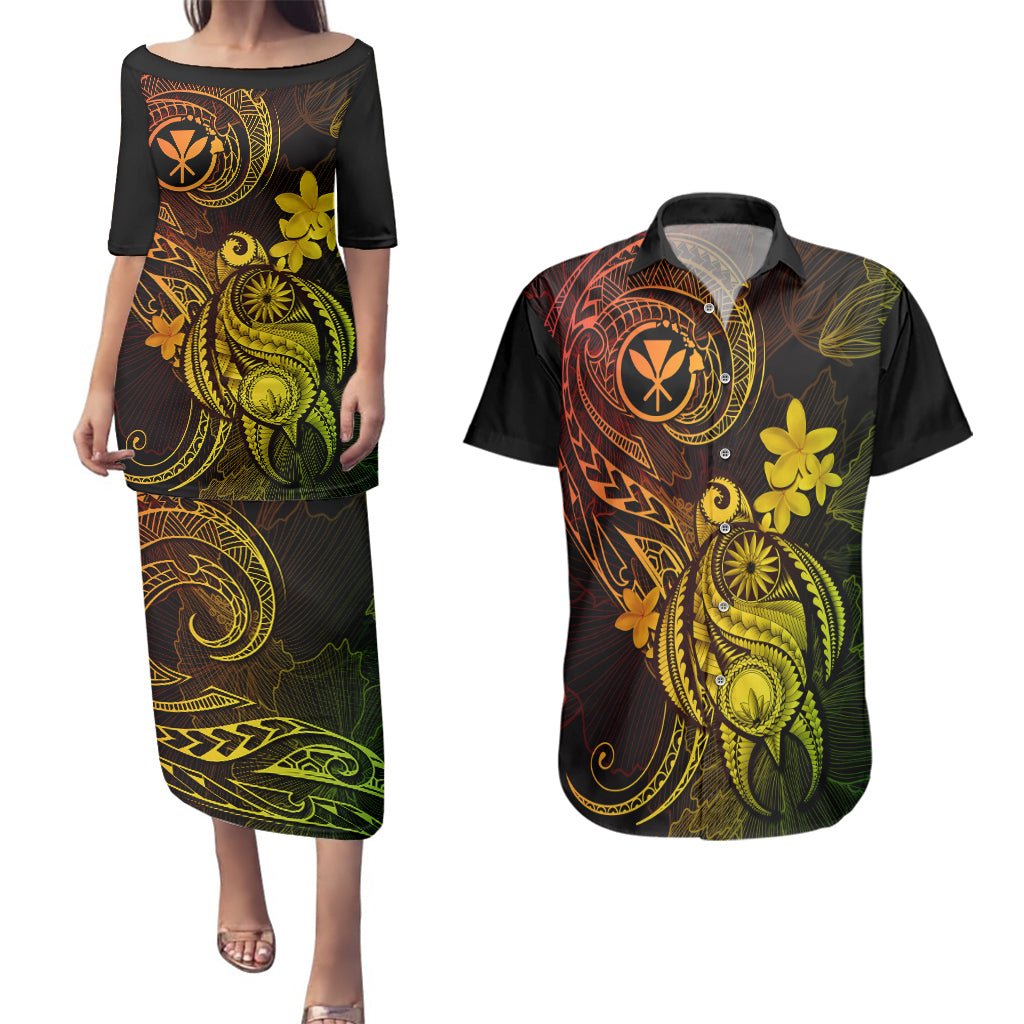 Hawaii Couples Matching Puletasi Dress and Hawaiian Shirt Turtle Mix Polynesian Plumeria Reggae Version - Wonder Print Shop