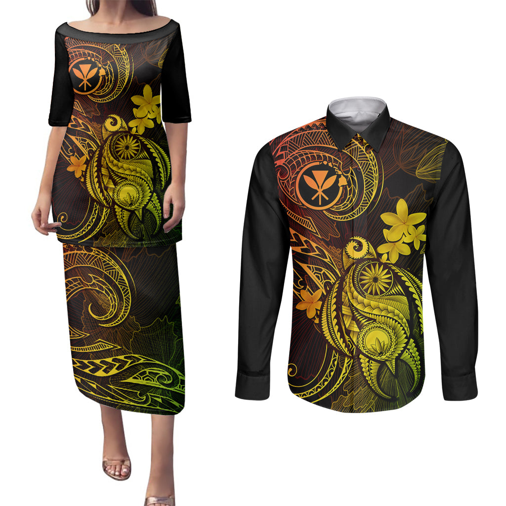 Hawaii Couples Matching Puletasi Dress and Long Sleeve Button Shirts Turtle Mix Polynesian Plumeria Reggae Version - Wonder Print Shop