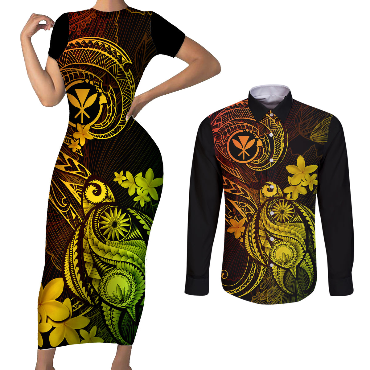 Hawaii Couples Matching Short Sleeve Bodycon Dress and Long Sleeve Button Shirts Turtle Mix Polynesian Plumeria Reggae Version - Wonder Print Shop