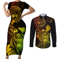 Hawaii Couples Matching Short Sleeve Bodycon Dress and Long Sleeve Button Shirts Turtle Mix Polynesian Plumeria Reggae Version - Wonder Print Shop