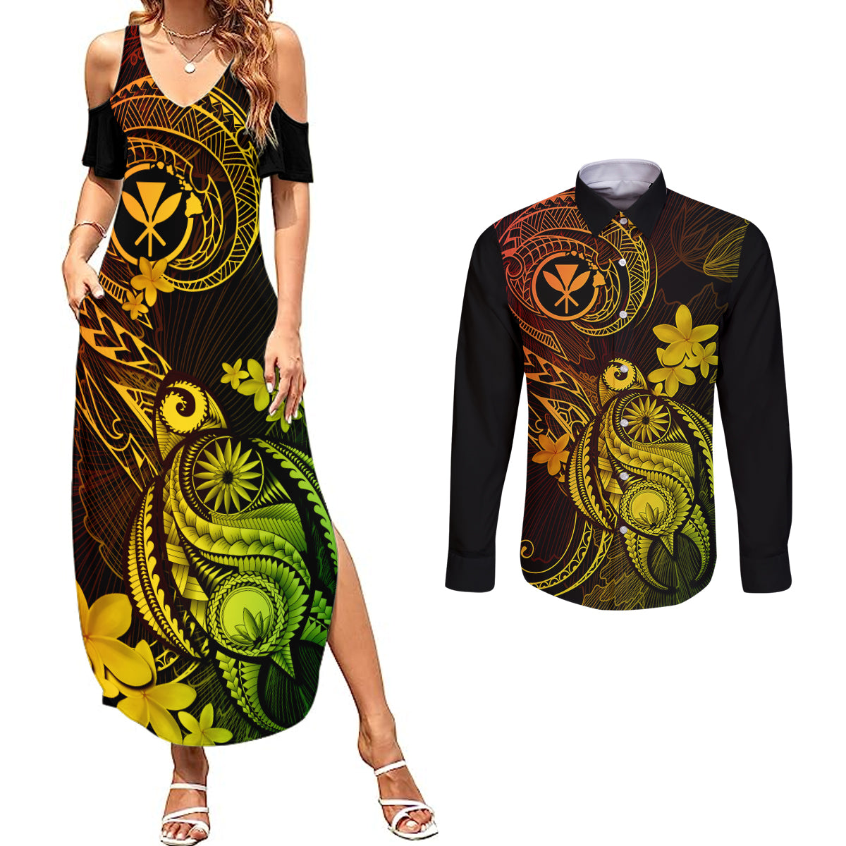 Hawaii Couples Matching Summer Maxi Dress and Long Sleeve Button Shirts Turtle Mix Polynesian Plumeria Reggae Version - Wonder Print Shop