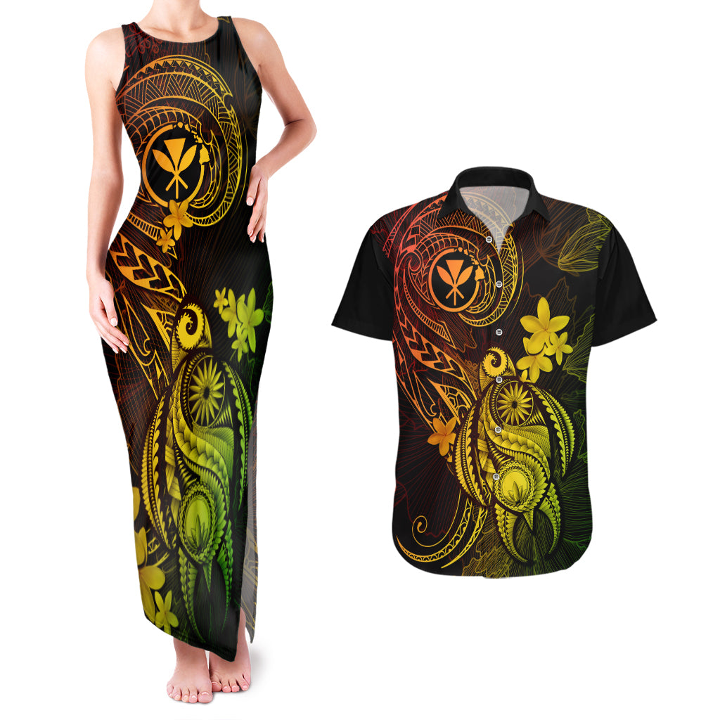 Hawaii Couples Matching Tank Maxi Dress and Hawaiian Shirt Turtle Mix Polynesian Plumeria Reggae Version - Wonder Print Shop
