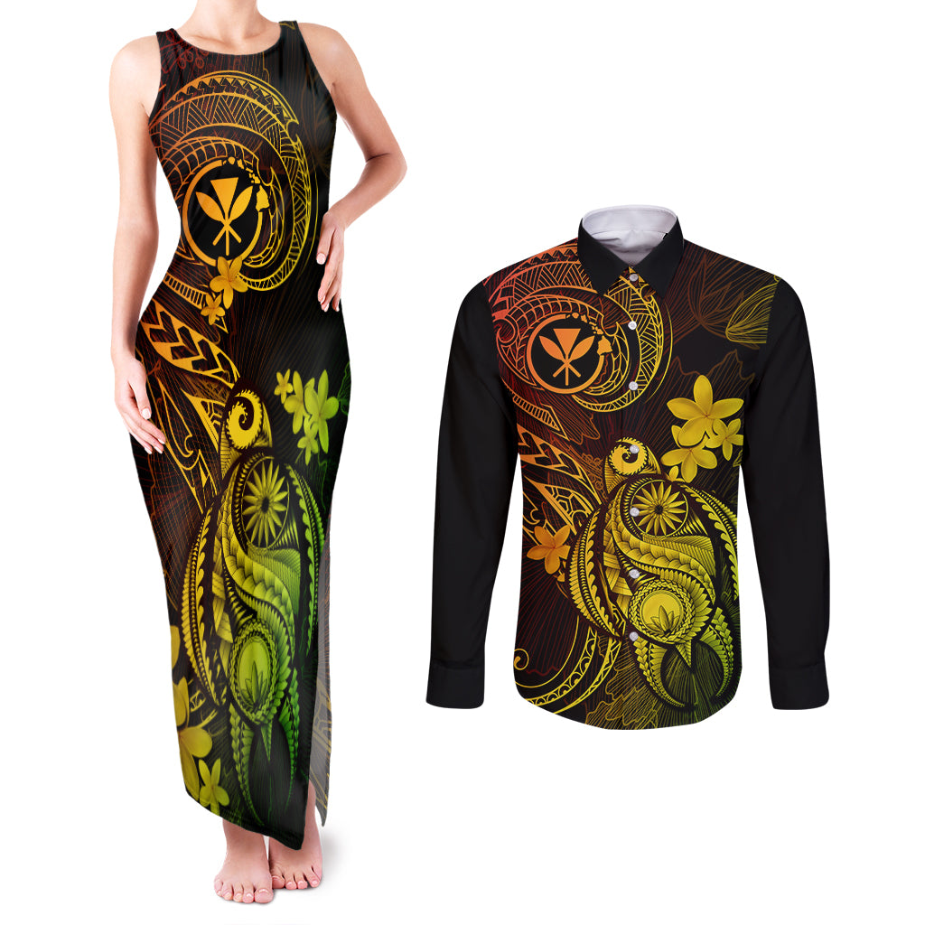 Hawaii Couples Matching Tank Maxi Dress and Long Sleeve Button Shirts Turtle Mix Polynesian Plumeria Reggae Version - Wonder Print Shop