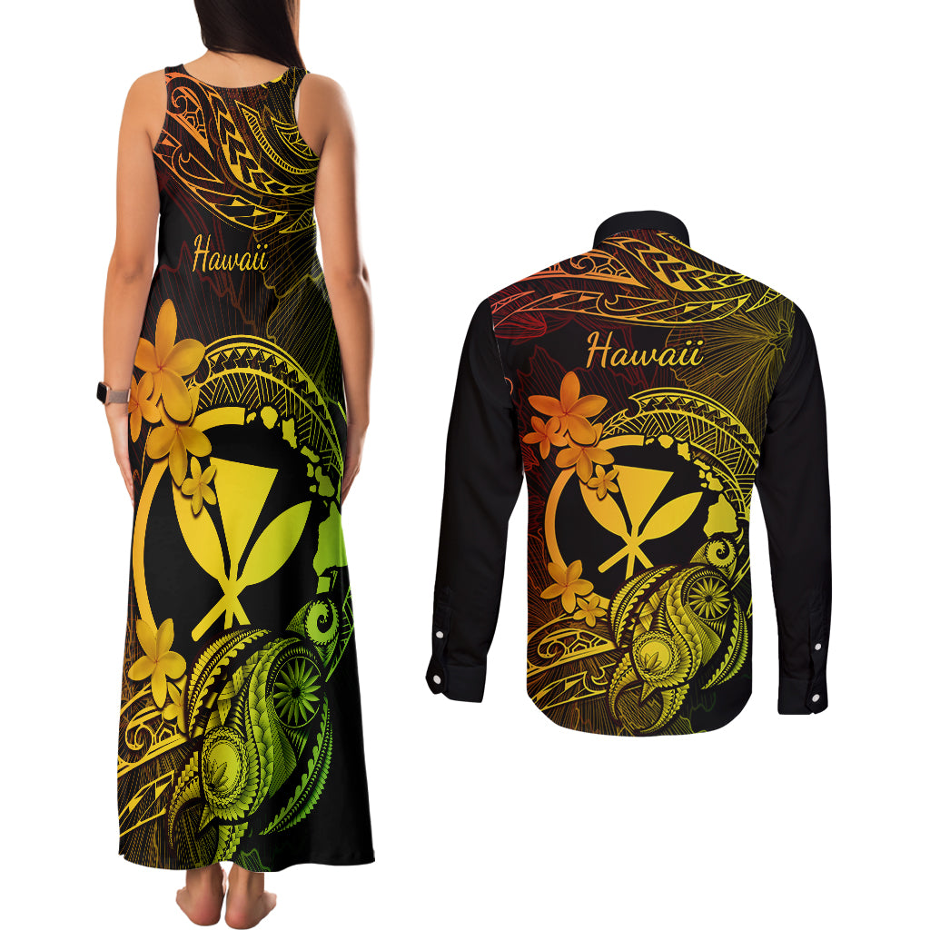 Hawaii Couples Matching Tank Maxi Dress and Long Sleeve Button Shirts Turtle Mix Polynesian Plumeria Reggae Version - Wonder Print Shop