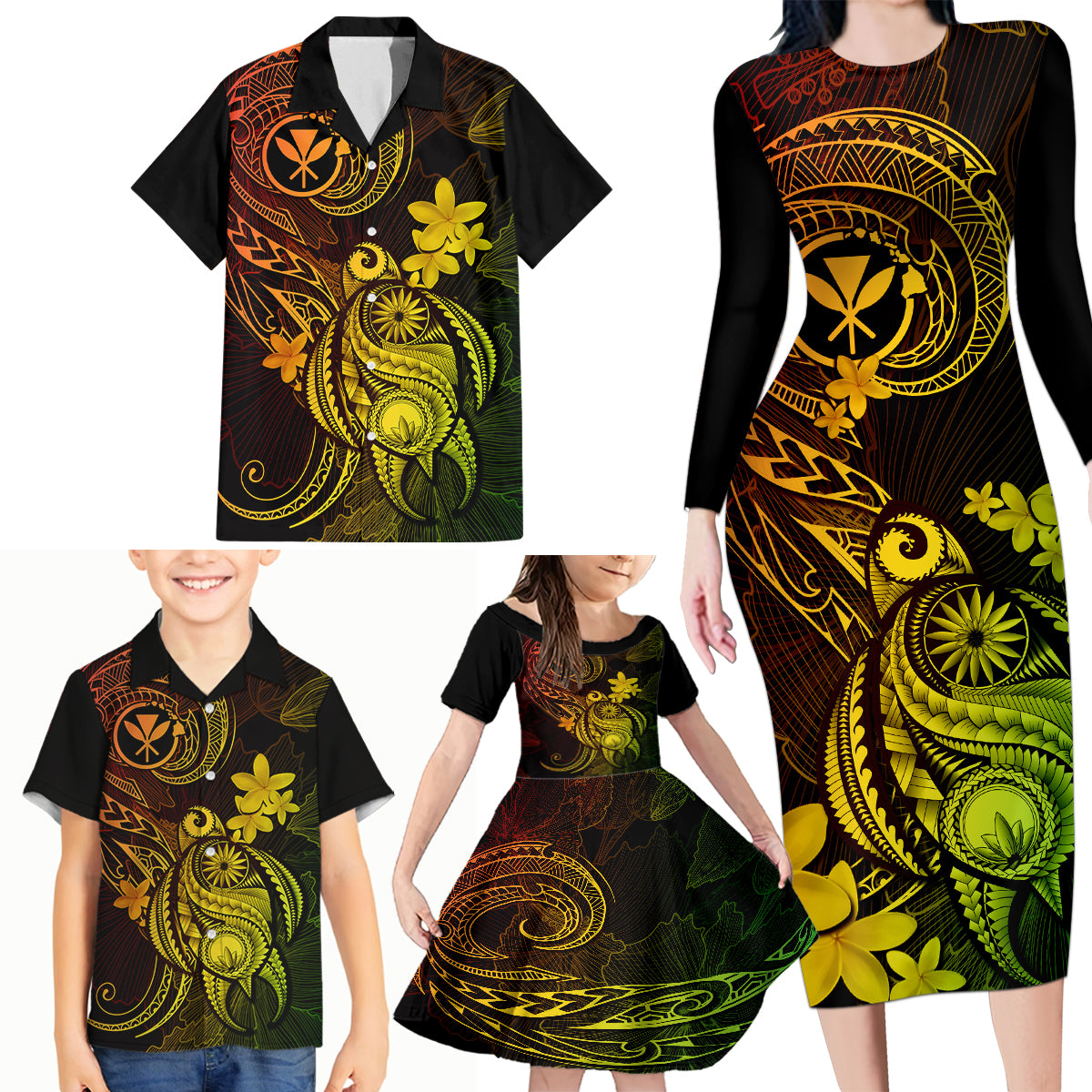 Hawaii Family Matching Long Sleeve Bodycon Dress and Hawaiian Shirt Turtle Mix Polynesian Plumeria Reggae Version - Wonder Print Shop