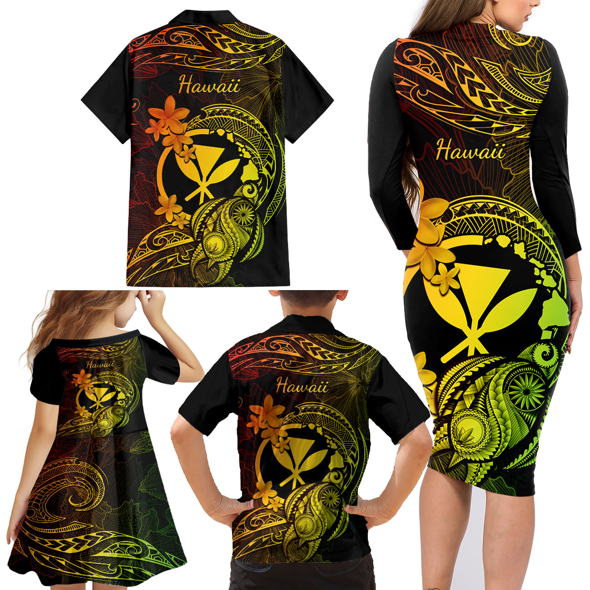 Hawaii Family Matching Long Sleeve Bodycon Dress and Hawaiian Shirt Turtle Mix Polynesian Plumeria Reggae Version - Wonder Print Shop