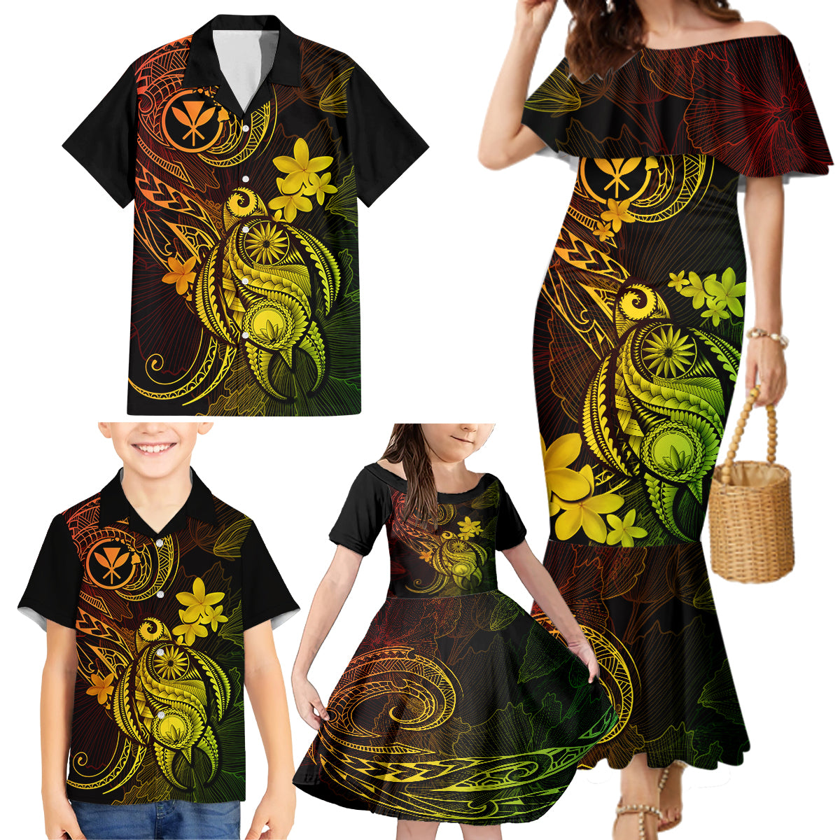 Hawaii Family Matching Mermaid Dress and Hawaiian Shirt Turtle Mix Polynesian Plumeria Reggae Version - Wonder Print Shop