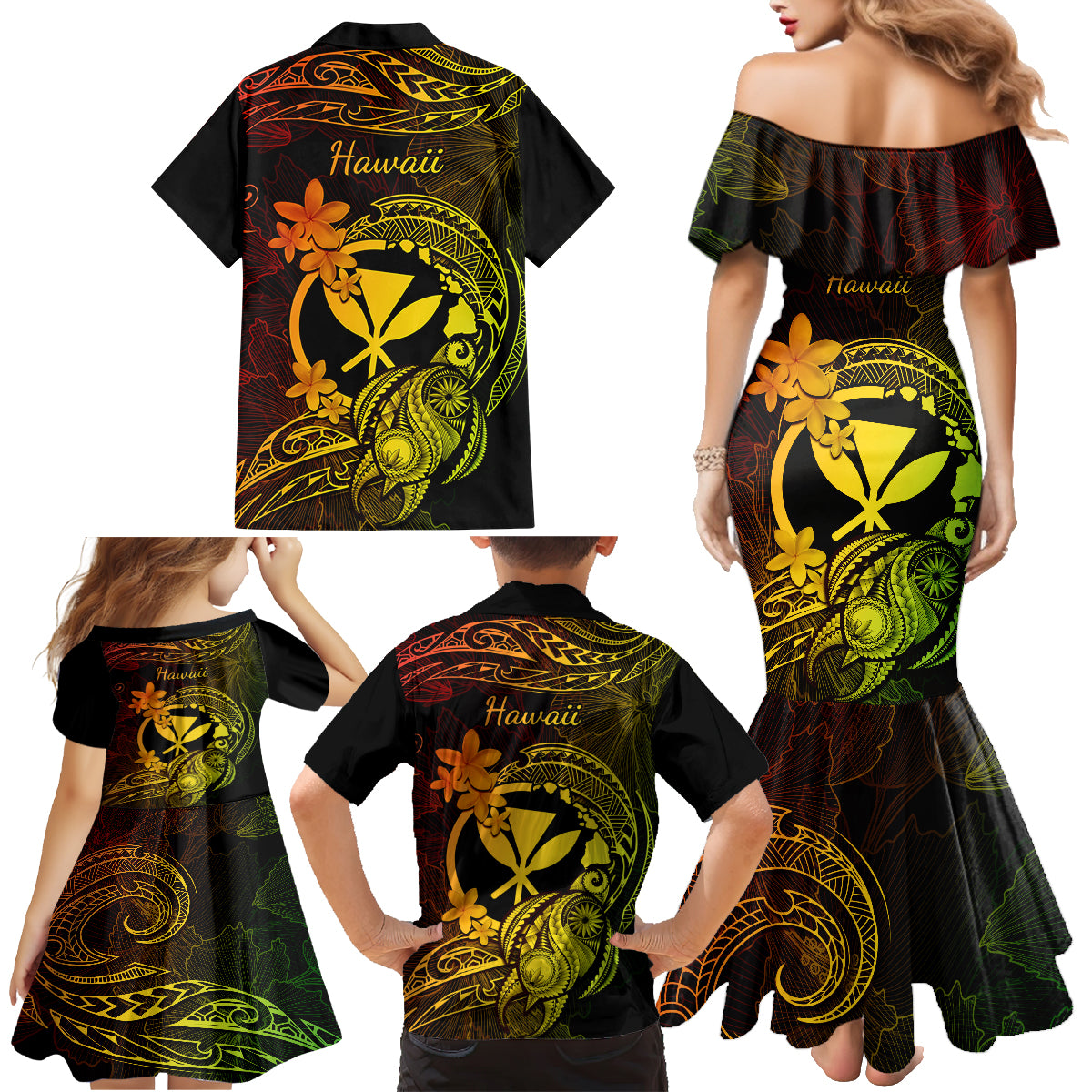 Hawaii Family Matching Mermaid Dress and Hawaiian Shirt Turtle Mix Polynesian Plumeria Reggae Version - Wonder Print Shop