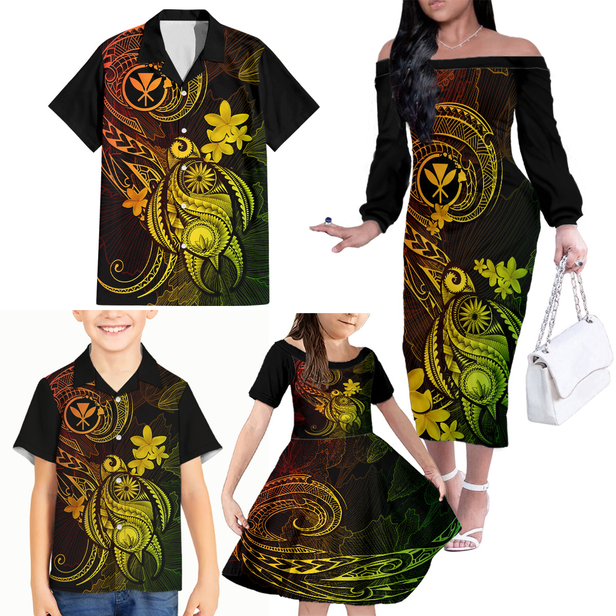 Hawaii Family Matching Off Shoulder Long Sleeve Dress and Hawaiian Shirt Turtle Mix Polynesian Plumeria Reggae Version - Wonder Print Shop