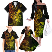 Hawaii Family Matching Off Shoulder Long Sleeve Dress and Hawaiian Shirt Turtle Mix Polynesian Plumeria Reggae Version - Wonder Print Shop
