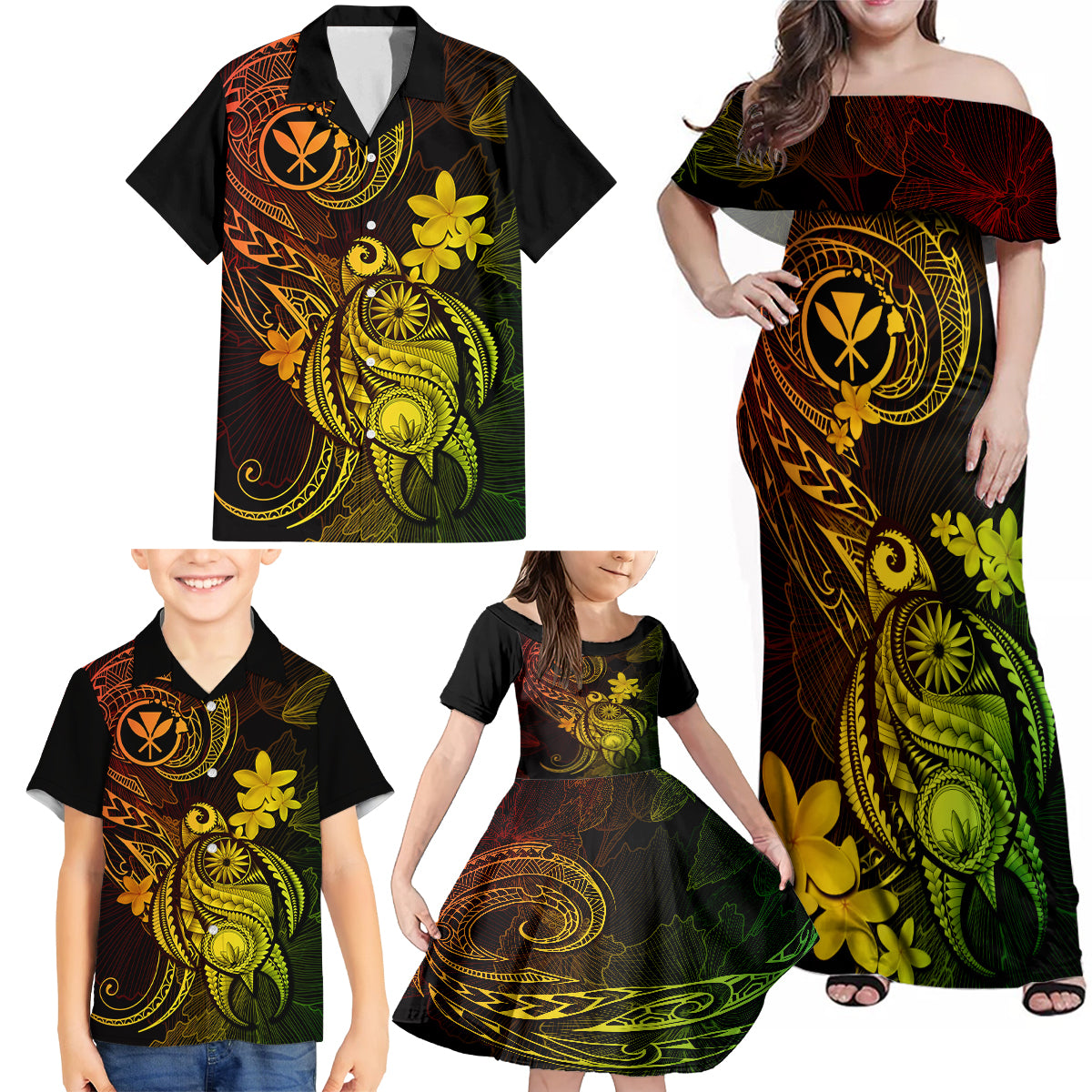 Hawaii Family Matching Off Shoulder Maxi Dress and Hawaiian Shirt Turtle Mix Polynesian Plumeria Reggae Version - Wonder Print Shop
