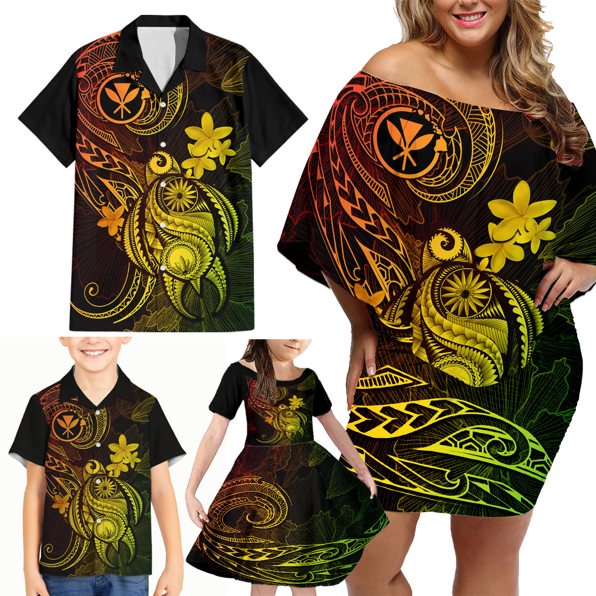 Hawaii Family Matching Off Shoulder Short Dress and Hawaiian Shirt Turtle Mix Polynesian Plumeria Reggae Version - Wonder Print Shop